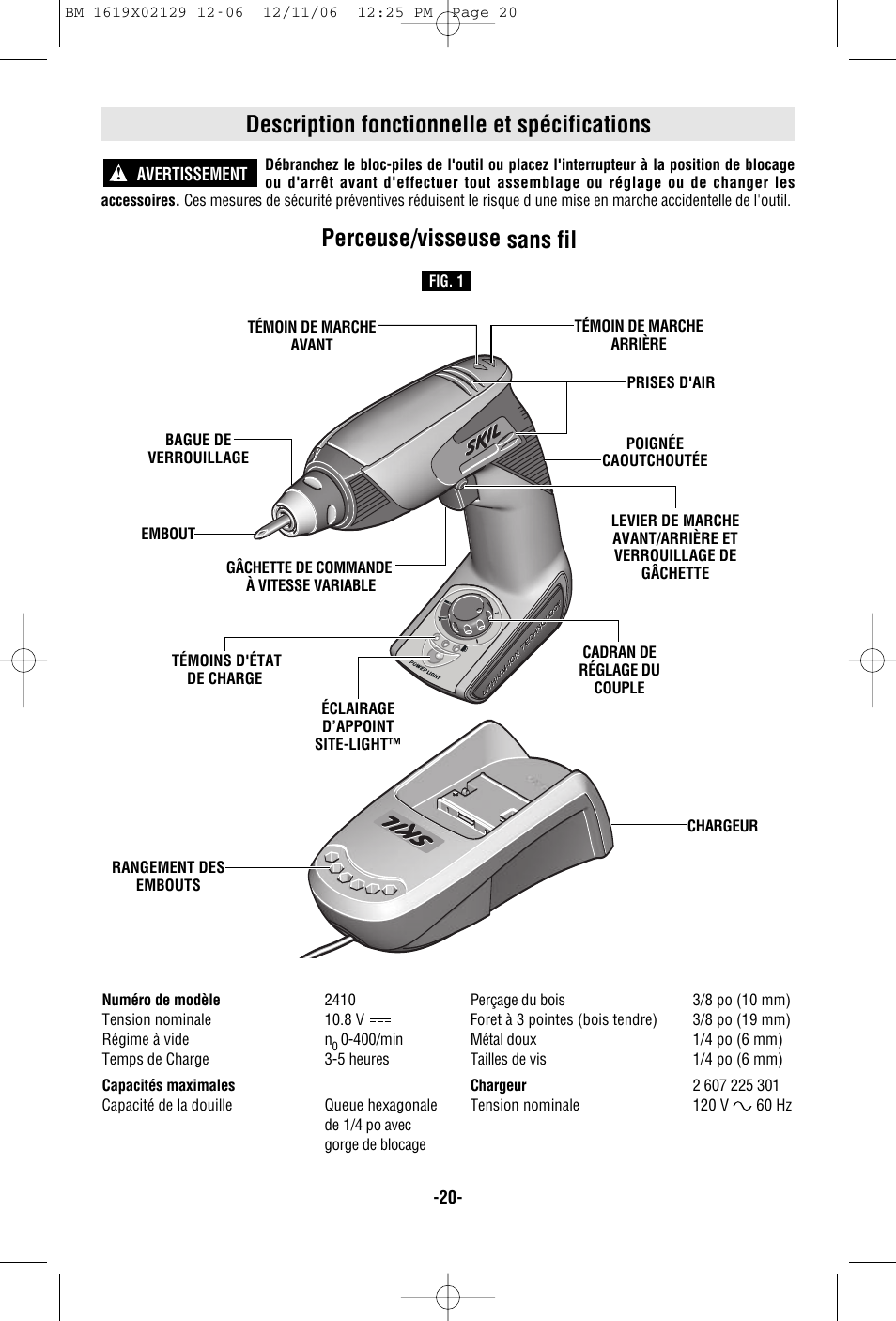 Description fonctionnelle et spécifications, Perceuse/visseuse sans fil | Skil 2410 User Manual | Page 20 / 40