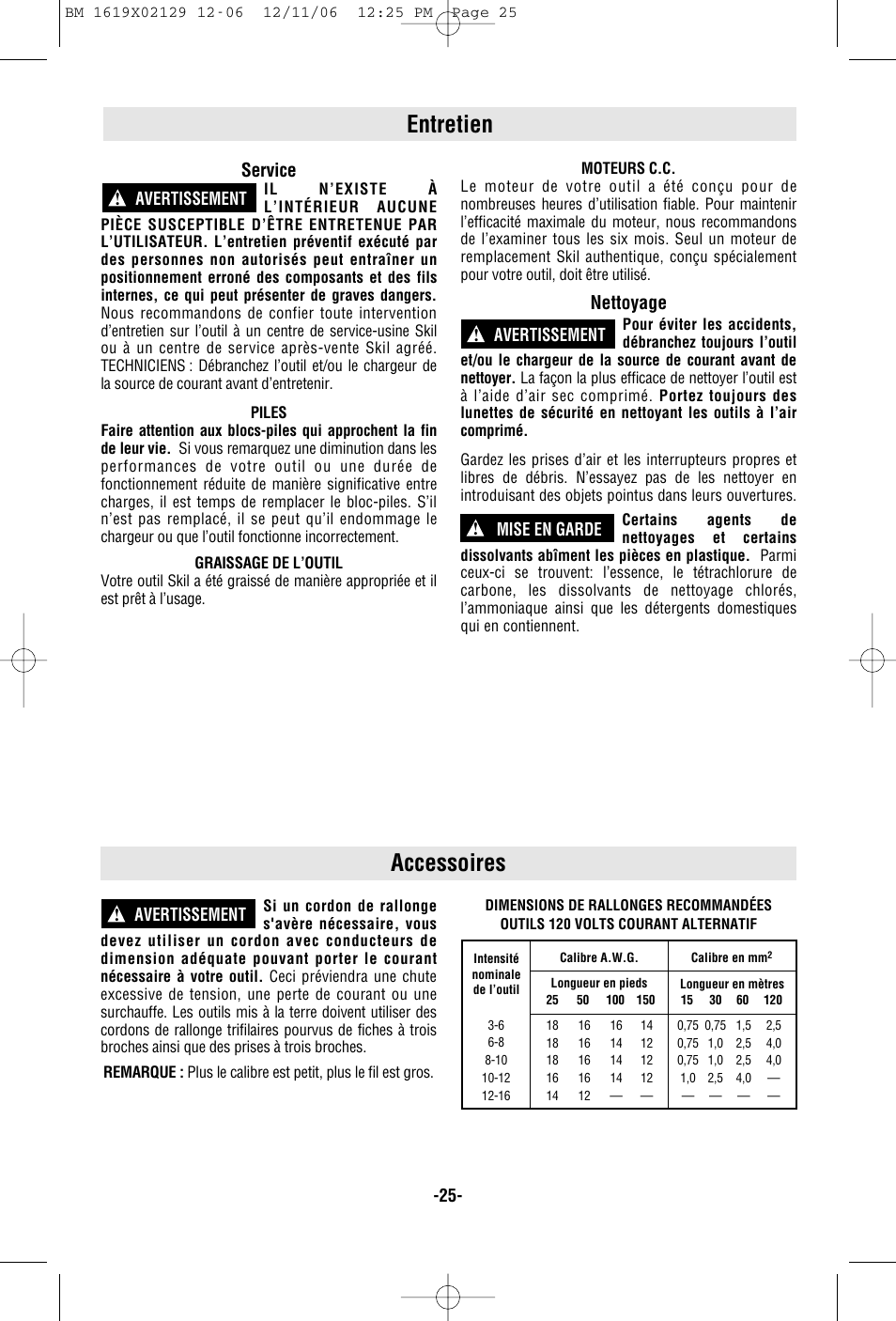 Entretien, Accessoires, Service | Nettoyage, Avertissement ! -25- avertissement ! mise en garde, Avertissement | Skil 2410 User Manual | Page 25 / 40