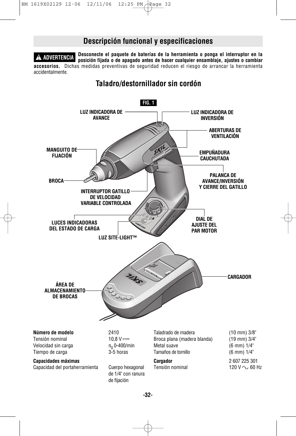 Descripción funcional y especificaciones, Taladro/destornillador sin cordón | Skil 2410 User Manual | Page 32 / 40