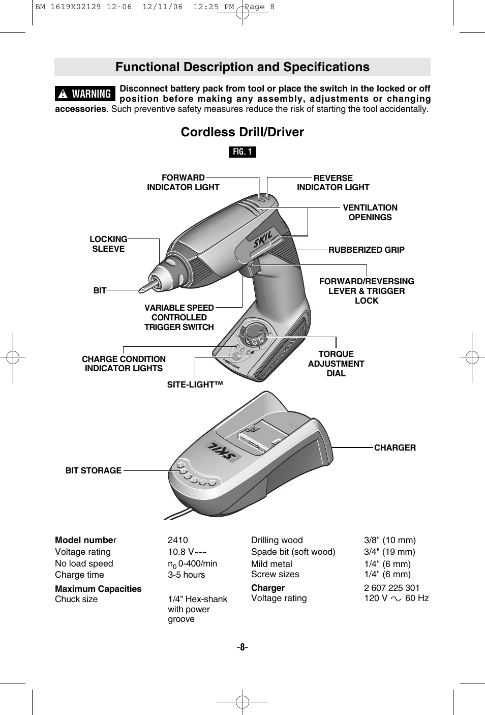 Functional description and specifications, Cordless drill/driver | Skil 2410 User Manual | Page 8 / 40