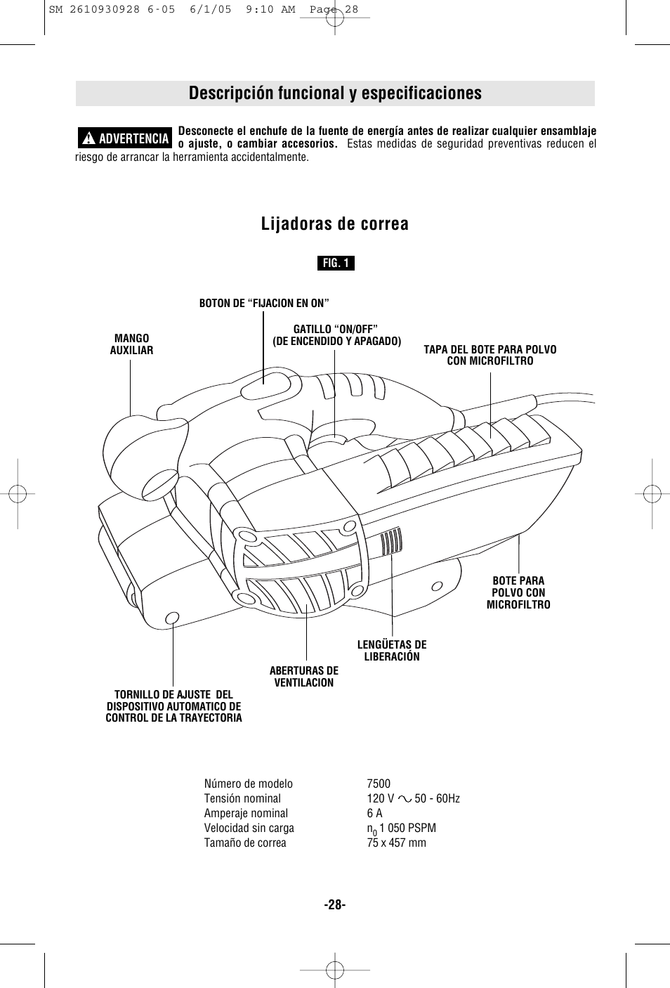 Descripción funcional y especificaciones, Lijadoras de correa | Skil 7500 User Manual | Page 28 / 36