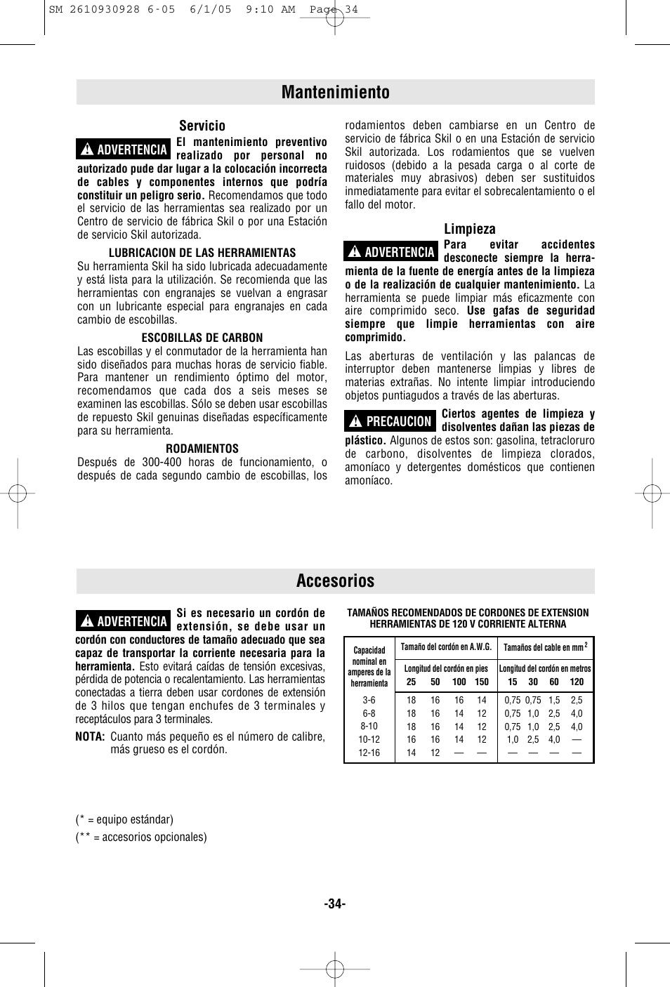 Mantenimiento, Accesorios, Servicio | Limpieza, Advertencia ! advertencia ! precaucion, Advertencia | Skil 7500 User Manual | Page 34 / 36