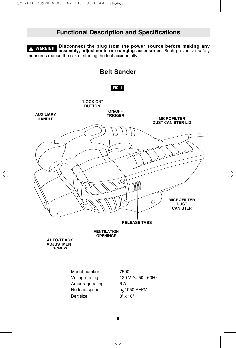 Functional description and specifications, Belt sander, Warning | Skil 7500 User Manual | Page 6 / 36