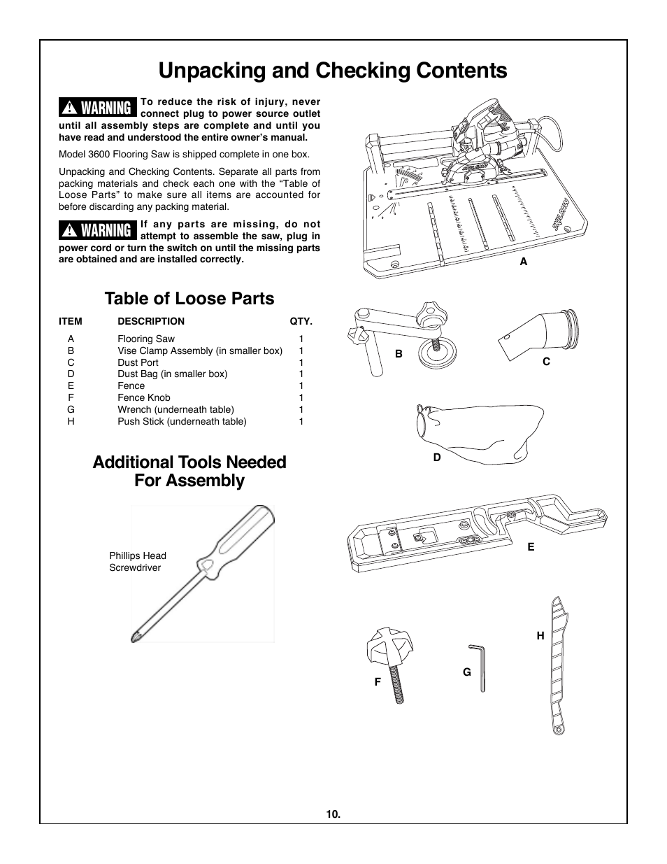 Unpacking and checking contents, Table of loose parts, Additional tools needed for assembly | Warning | Skil 3600 User Manual | Page 10 / 64