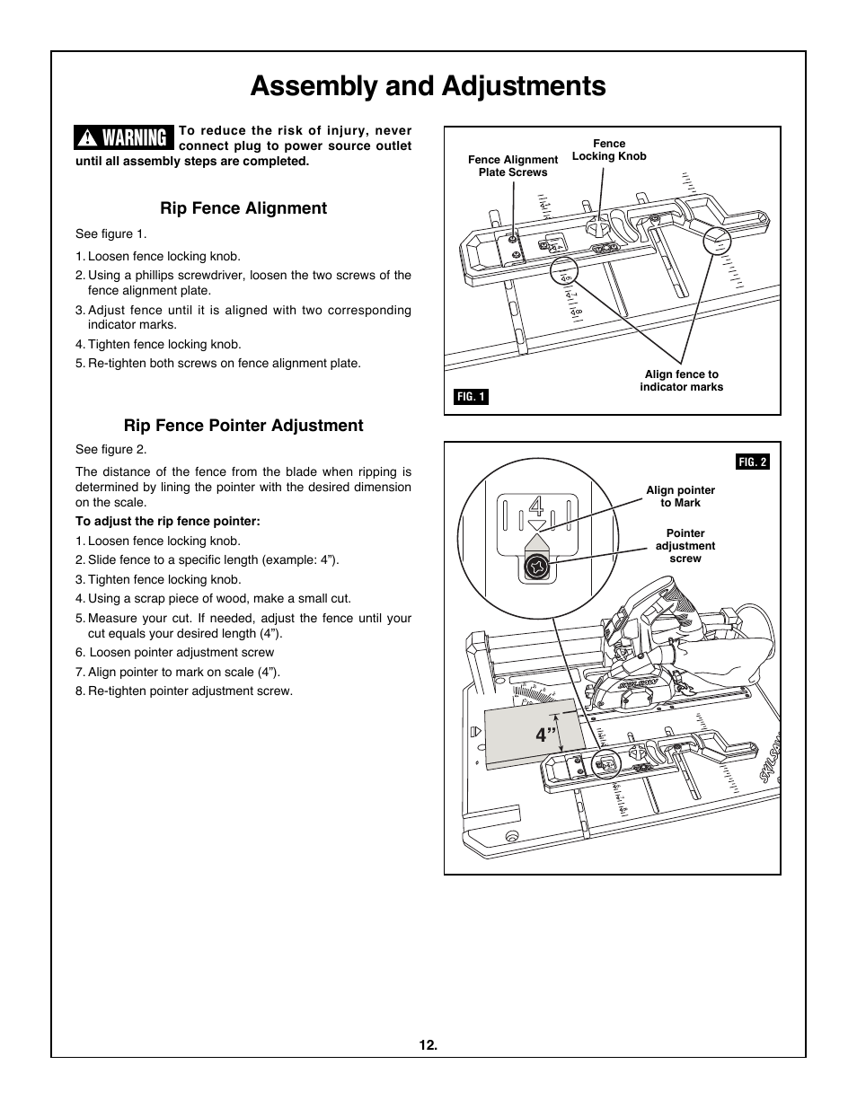 Assembly and adjustments, Warning, Rip fence alignment | Rip fence pointer adjustment | Skil 3600 User Manual | Page 12 / 64