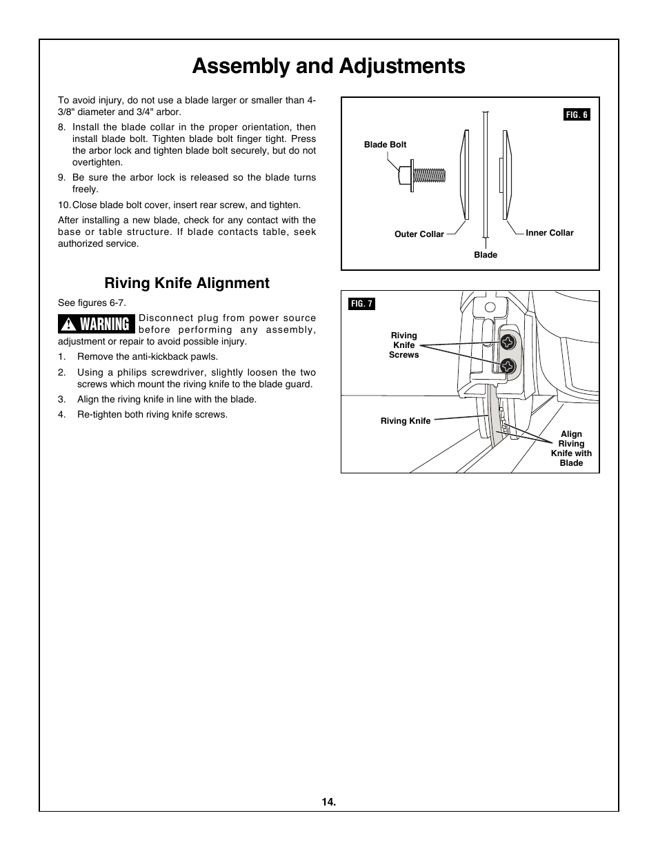 Assembly and adjustments, Warning, Riving knife alignment | Skil 3600 User Manual | Page 14 / 64