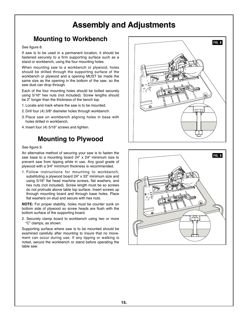 Assembly and adjustments, Mounting to workbench, Mounting to plywood | Skil 3600 User Manual | Page 15 / 64