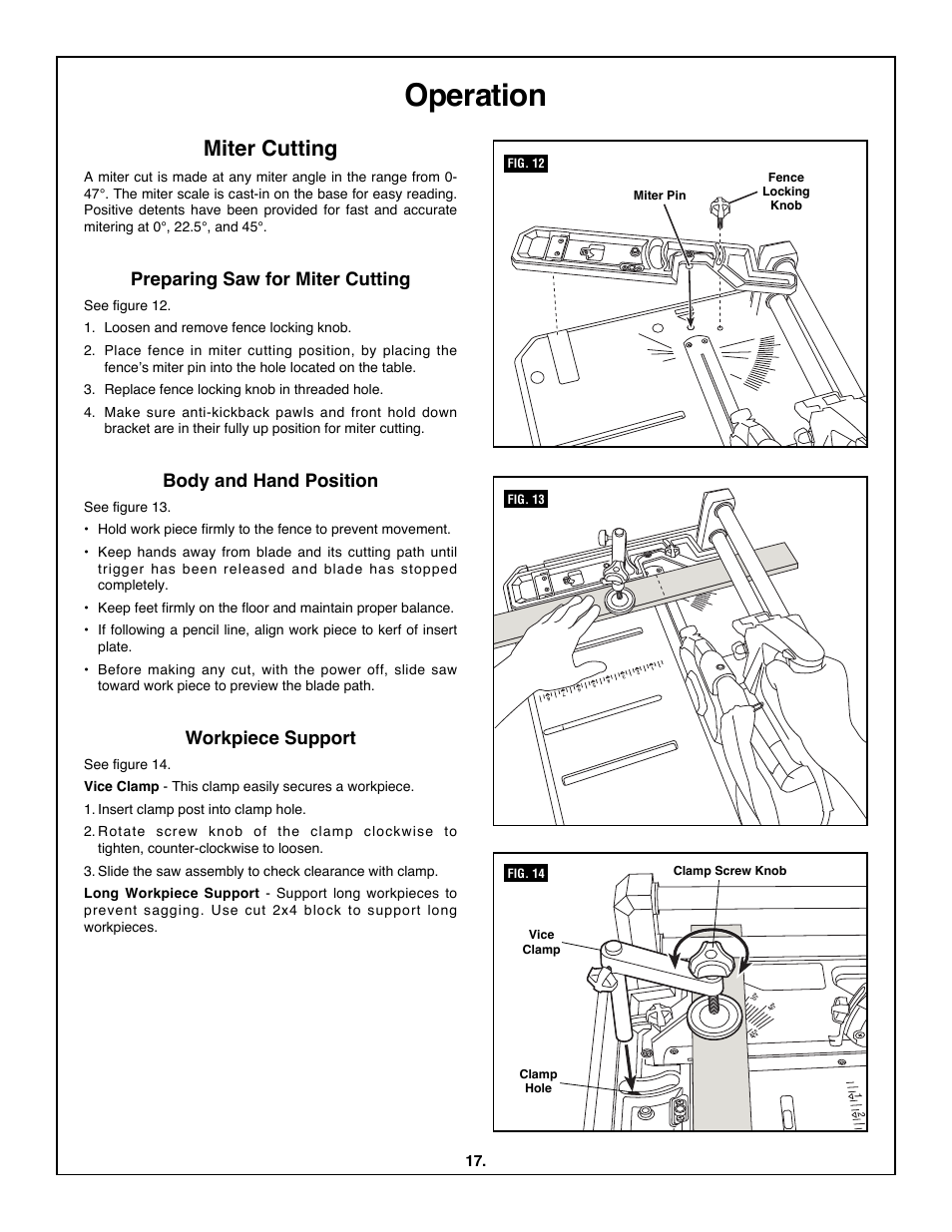 Operation, Miter cutting, Preparing saw for miter cutting | Body and hand position, Workpiece support | Skil 3600 User Manual | Page 17 / 64
