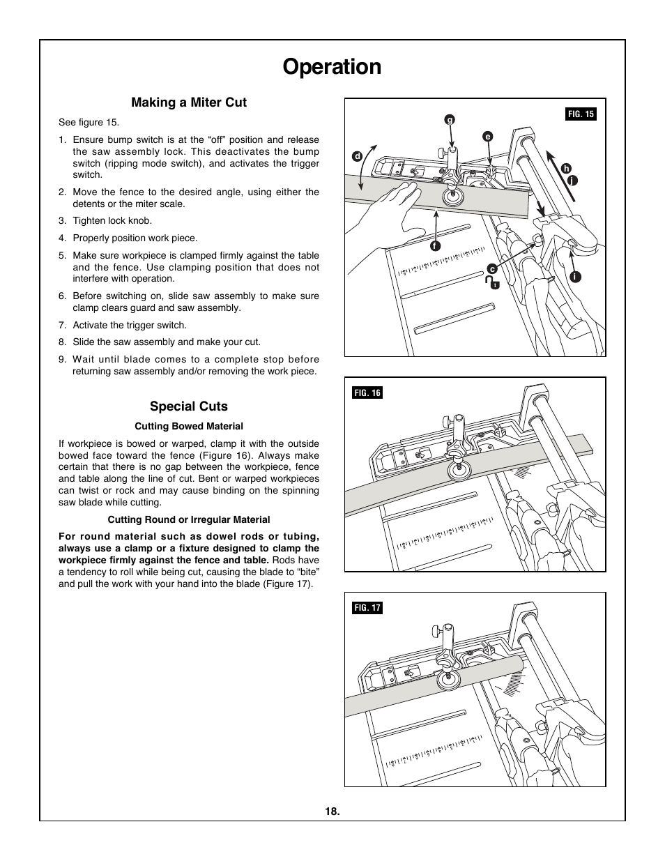 Operation, Making a miter cut, Special cuts | Skil 3600 User Manual | Page 18 / 64