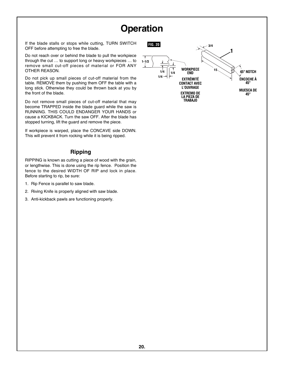 Operation, Ripping | Skil 3600 User Manual | Page 20 / 64