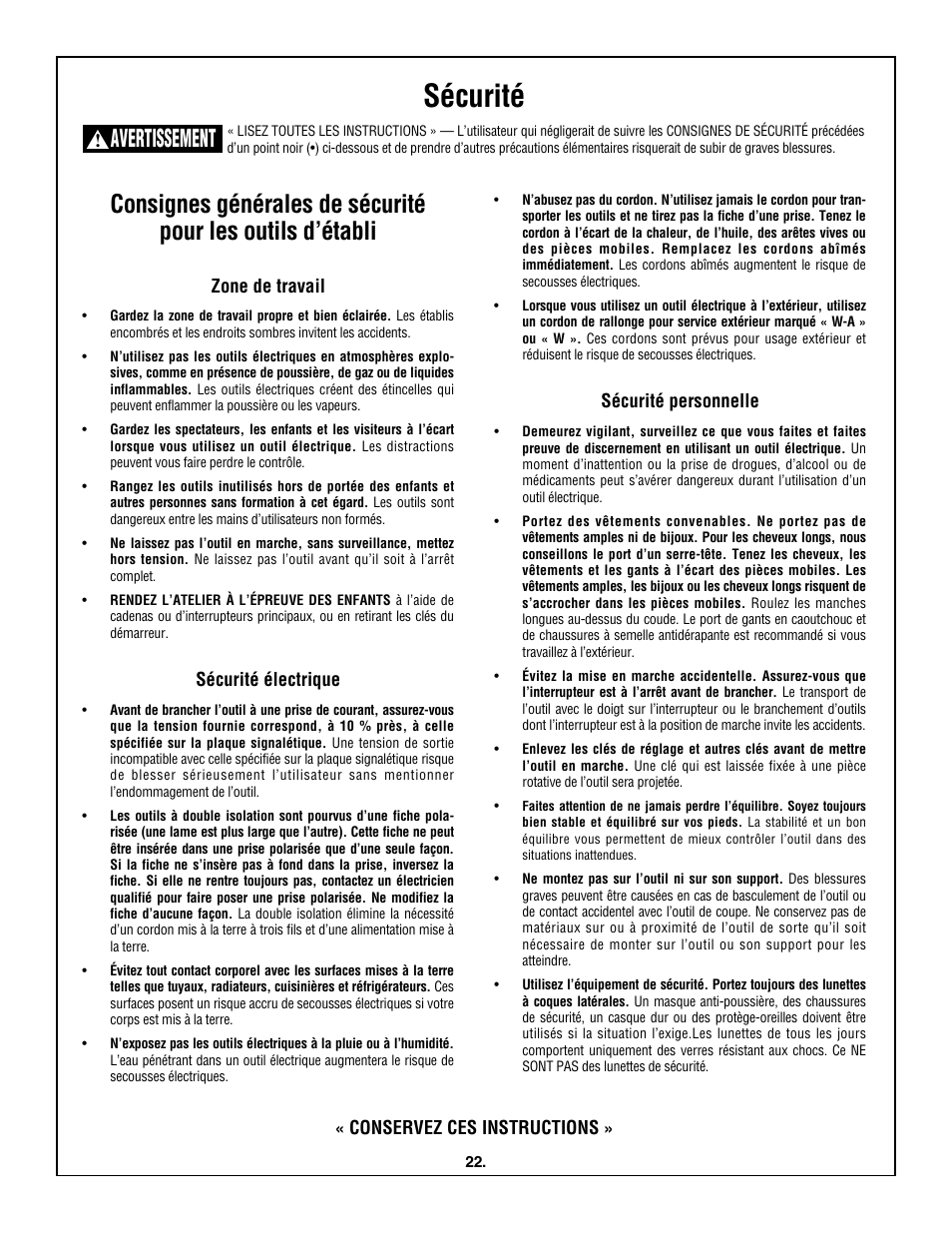 Sécurité, Avertissement, Zone de travail | Sécurité électrique, Sécurité personnelle, Conservez ces instructions | Skil 3600 User Manual | Page 22 / 64
