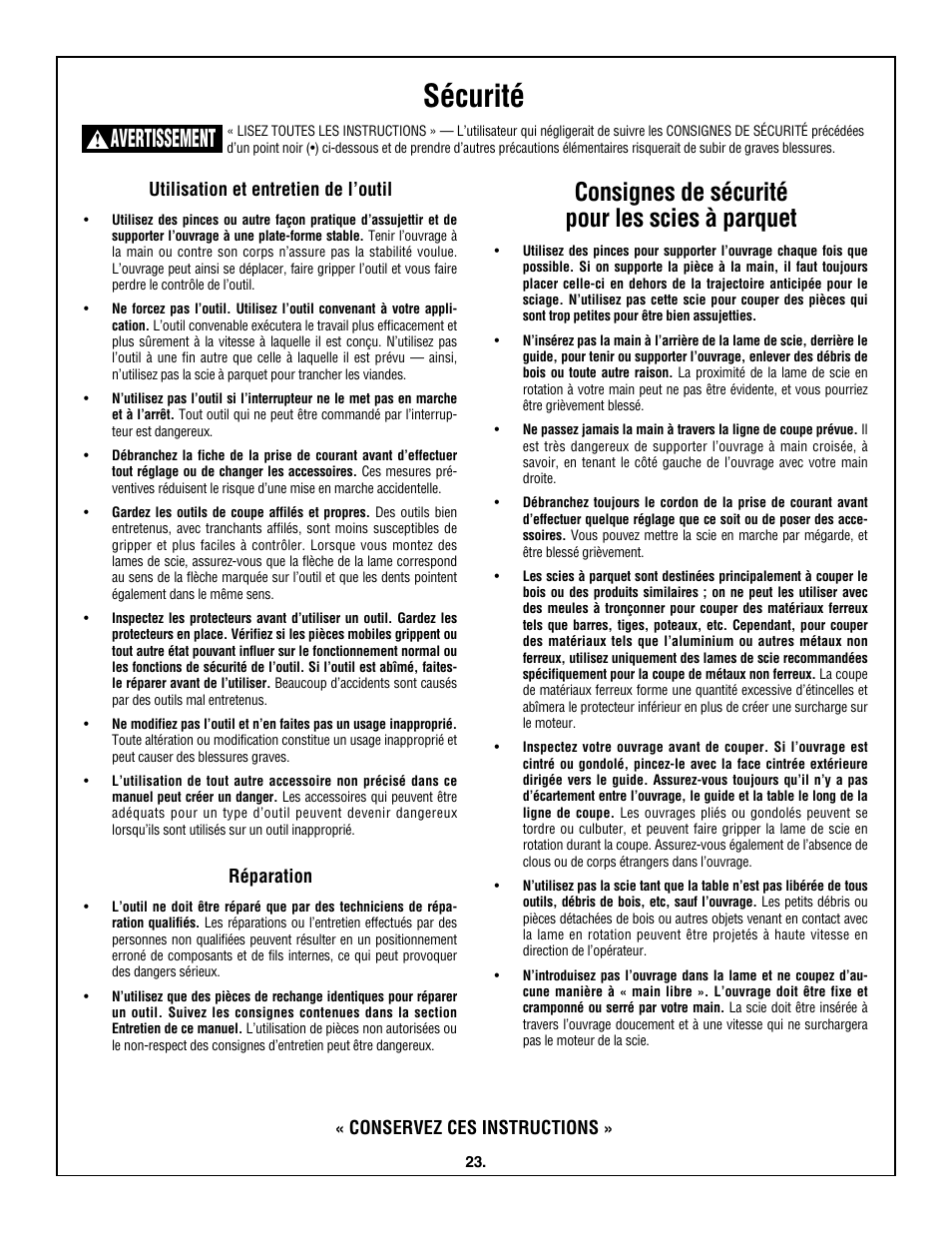 Sécurité, Consignes de sécurité pour les scies à parquet, Avertissement | Utilisation et entretien de l’outil, Réparation, Conservez ces instructions | Skil 3600 User Manual | Page 23 / 64