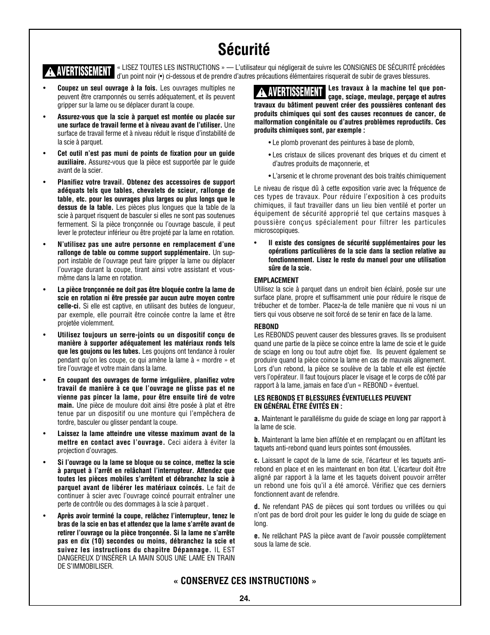 Sécurité, Avertissement, Conservez ces instructions | Skil 3600 User Manual | Page 24 / 64