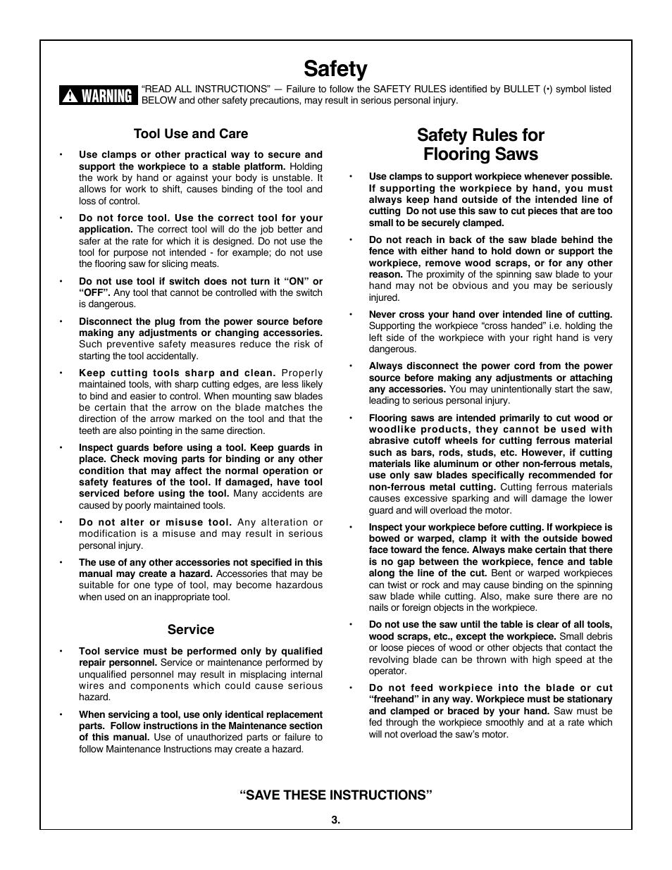 Safety, Safety rules for flooring saws, Warning | Skil 3600 User Manual | Page 3 / 64