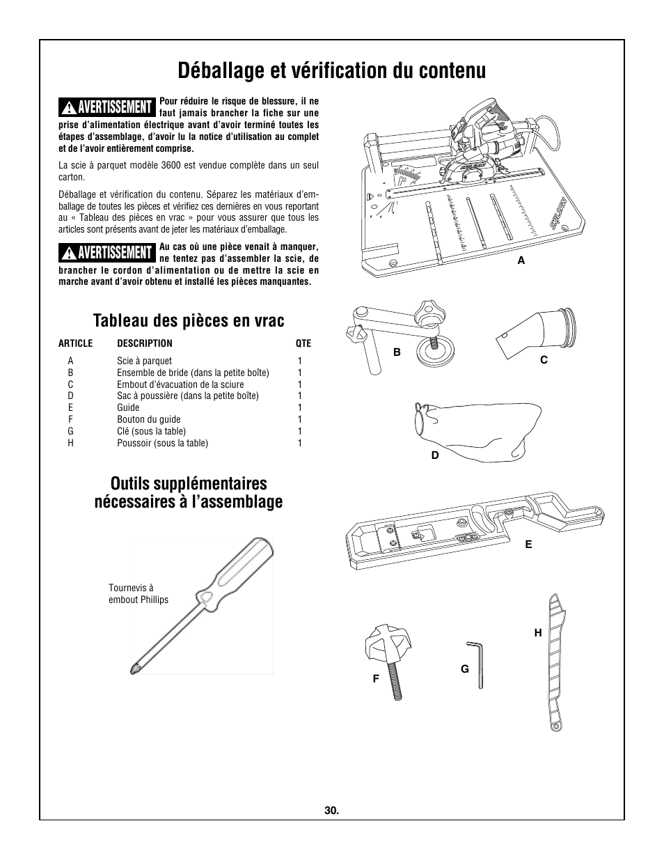 Déballage et vérification du contenu, Tableau des pièces en vrac, Outils supplémentaires nécessaires à l’assemblage | Avertissement | Skil 3600 User Manual | Page 30 / 64