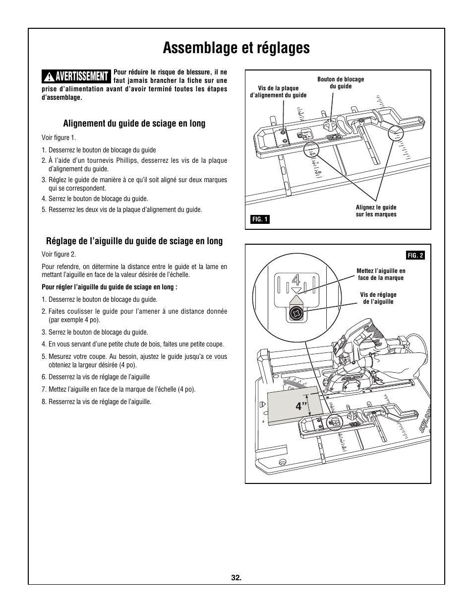 Assemblage et réglages, Avertissement, Alignement du guide de sciage en long | Réglage de l’aiguille du guide de sciage en long | Skil 3600 User Manual | Page 32 / 64