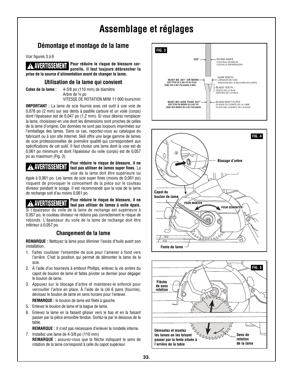 Assemblage et réglages, Avertissement, Démontage et montage de la lame | Utilisation de la lame qui convient, Changement de la lame | Skil 3600 User Manual | Page 33 / 64