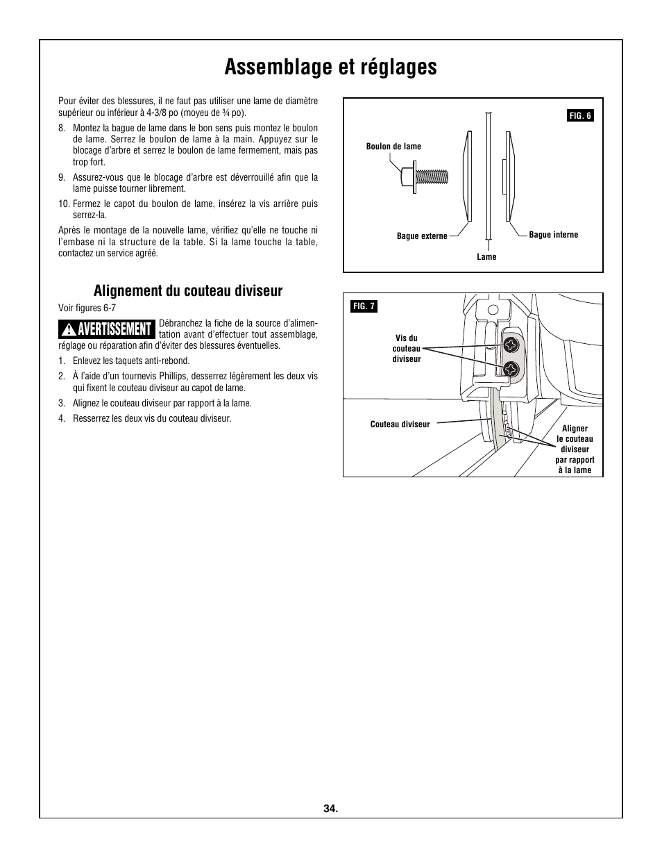 Assemblage et réglages, Avertissement, Alignement du couteau diviseur | Skil 3600 User Manual | Page 34 / 64