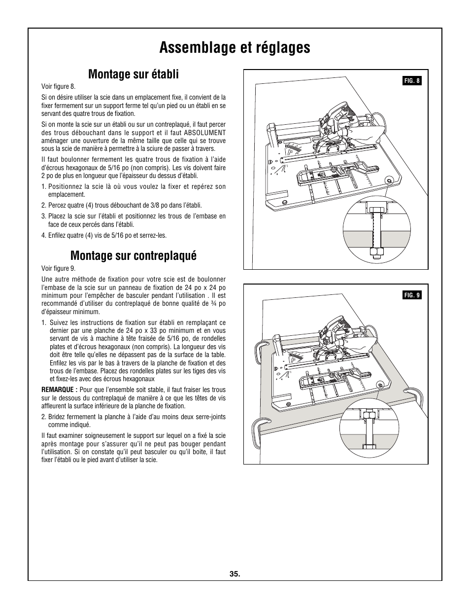 Assemblage et réglages, Montage sur établi, Montage sur contreplaqué | Skil 3600 User Manual | Page 35 / 64