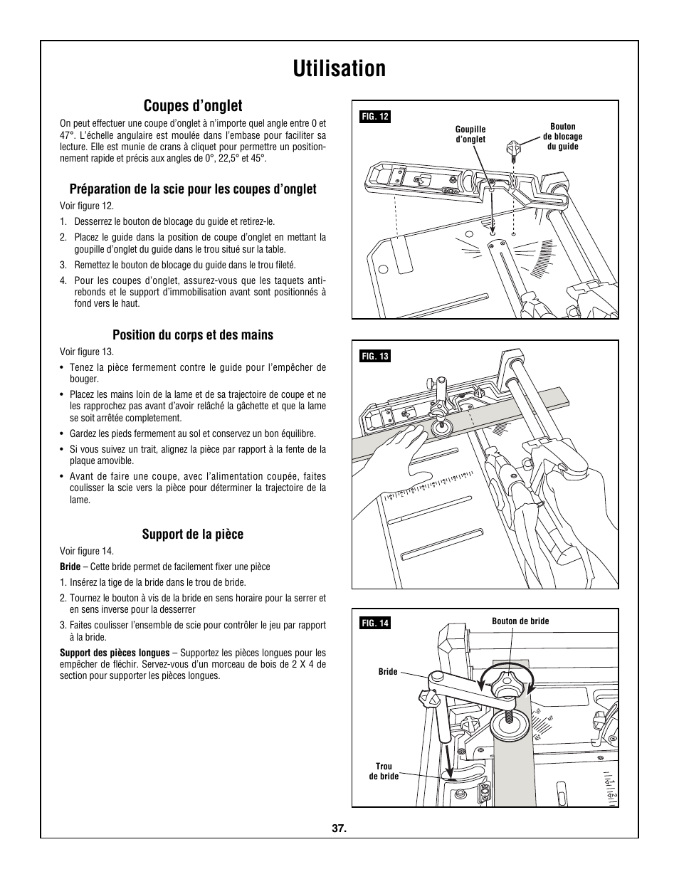 Utilisation, Coupes d’onglet, Préparation de la scie pour les coupes d’onglet | Position du corps et des mains, Support de la pièce | Skil 3600 User Manual | Page 37 / 64