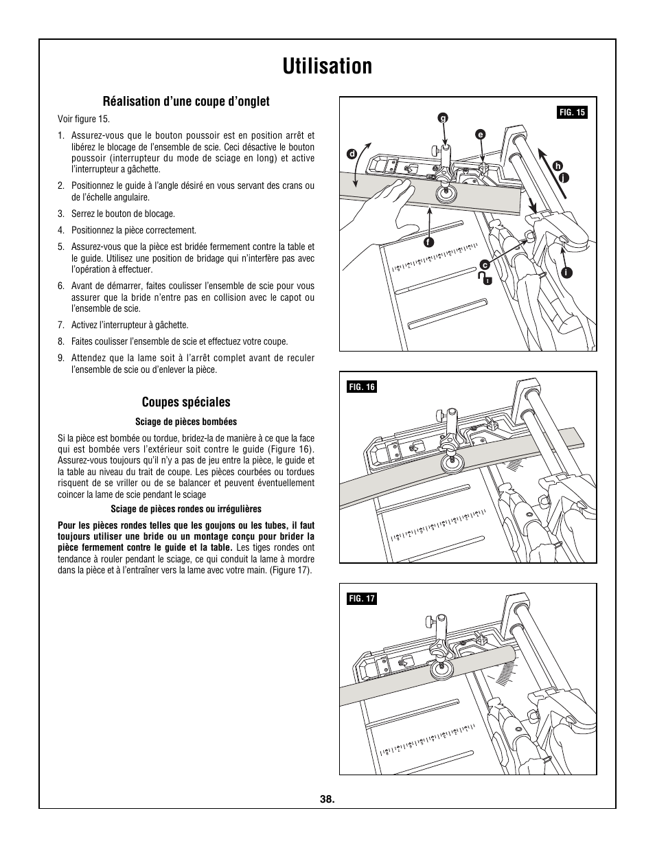 Utilisation, Réalisation d’une coupe d’onglet, Coupes spéciales | Skil 3600 User Manual | Page 38 / 64