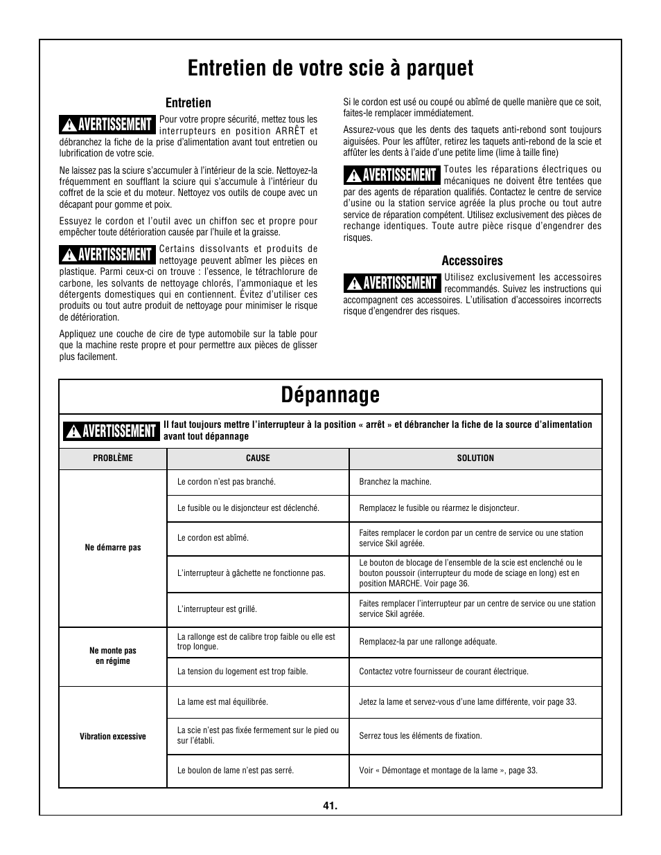 Entretien de votre scie à parquet dépannage, Avertissement, Entretien | Accessoires | Skil 3600 User Manual | Page 41 / 64