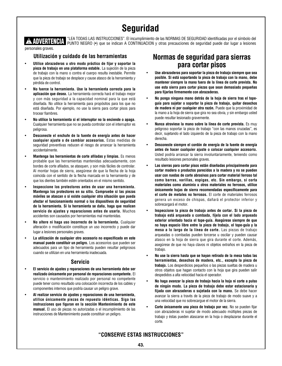 Seguridad, Normas de seguridad para sierras para cortar pisos, Advertencia | Utilización y cuidado de las herramientas, Servicio, Conserve estas instrucciones | Skil 3600 User Manual | Page 43 / 64