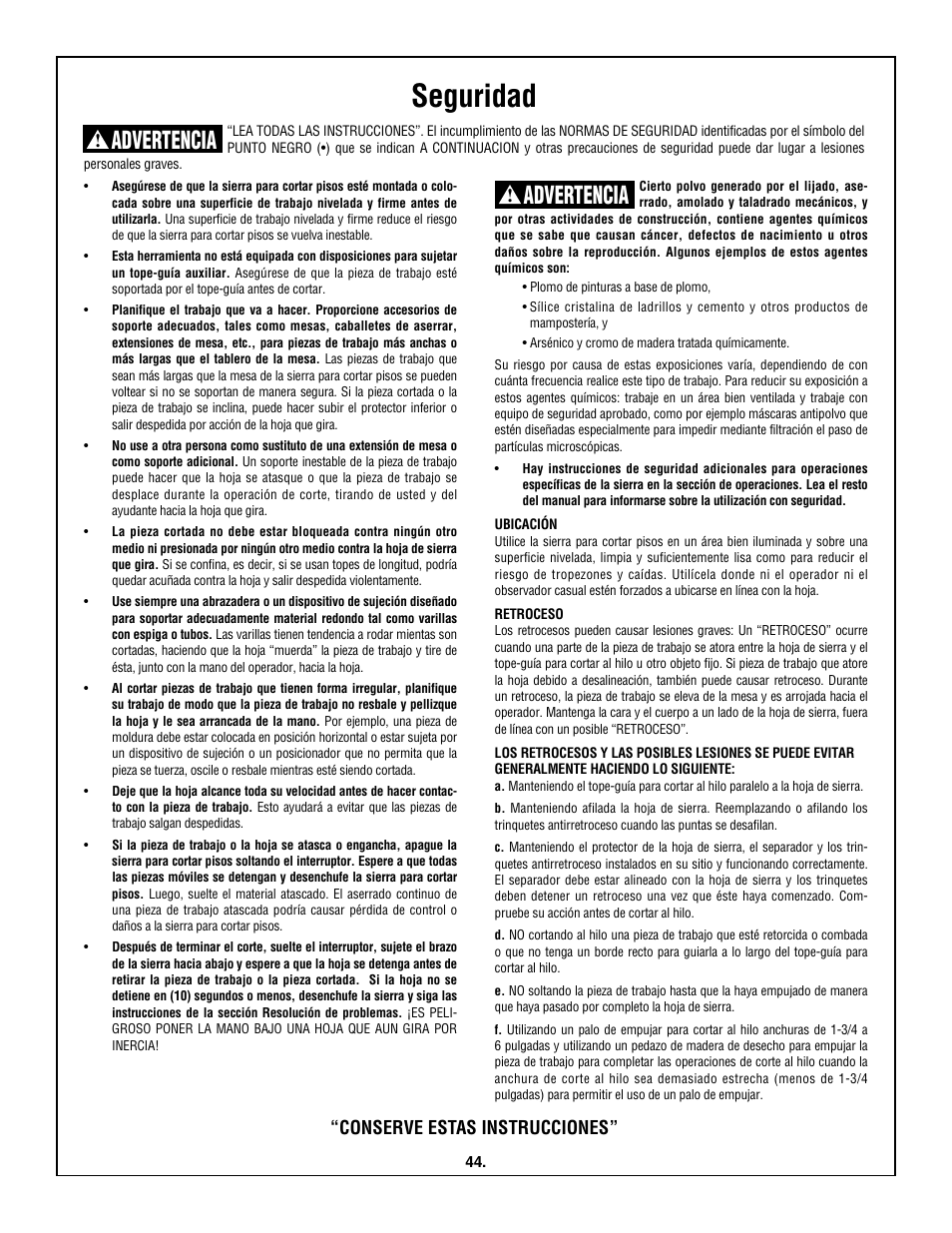 Seguridad, Advertencia, Conserve estas instrucciones | Skil 3600 User Manual | Page 44 / 64