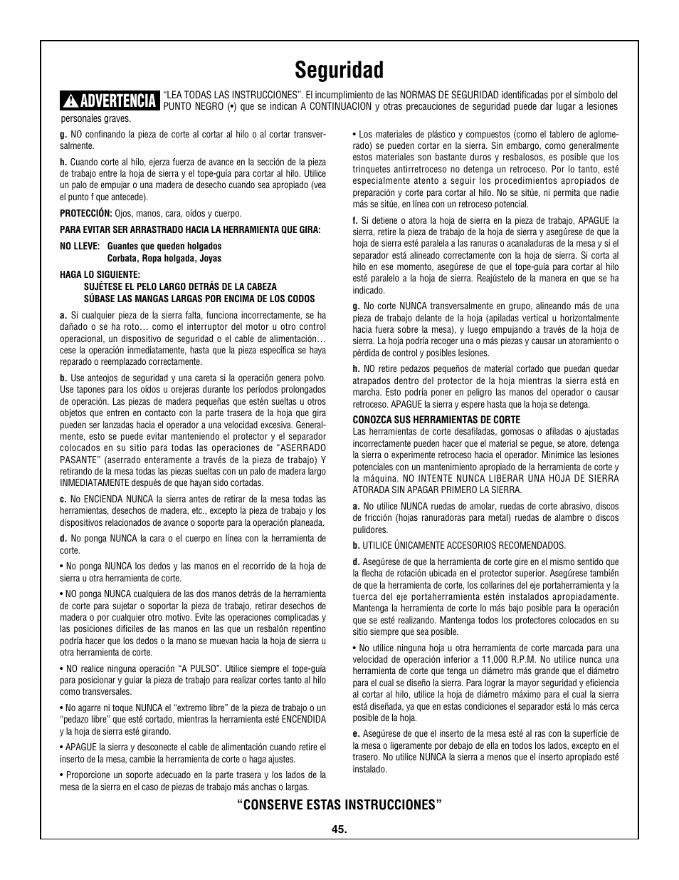 Seguridad, Advertencia, Conserve estas instrucciones | Skil 3600 User Manual | Page 45 / 64
