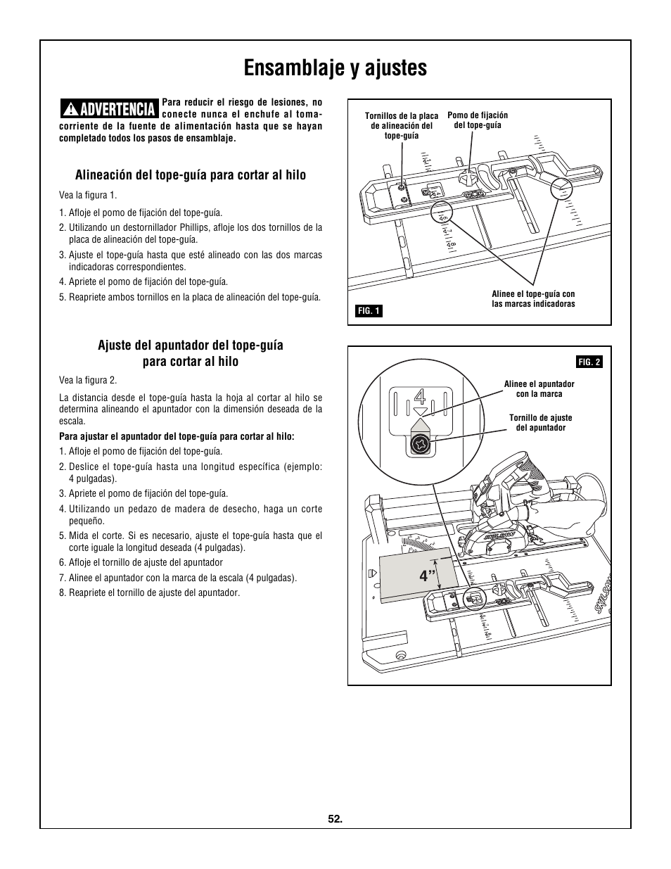 Ensamblaje y ajustes, Advertencia, Alineación del tope-guía para cortar al hilo | Skil 3600 User Manual | Page 52 / 64