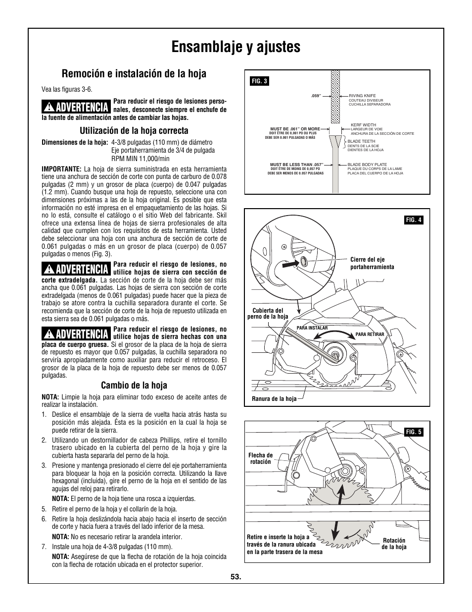 Ensamblaje y ajustes, Advertencia, Remoción e instalación de la hoja | Utilización de la hoja correcta, Cambio de la hoja | Skil 3600 User Manual | Page 53 / 64