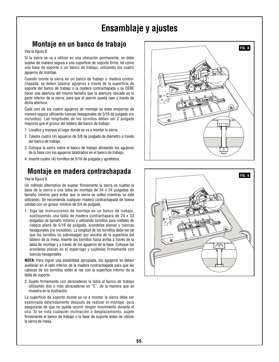 Ensamblaje y ajustes, Montaje en un banco de trabajo, Montaje en madera contrachapada | Skil 3600 User Manual | Page 55 / 64