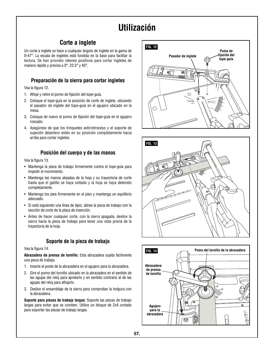 Utilización, Corte a inglete, Preparación de la sierra para cortar ingletes | Posición del cuerpo y de las manos, Soporte de la pieza de trabajo | Skil 3600 User Manual | Page 57 / 64