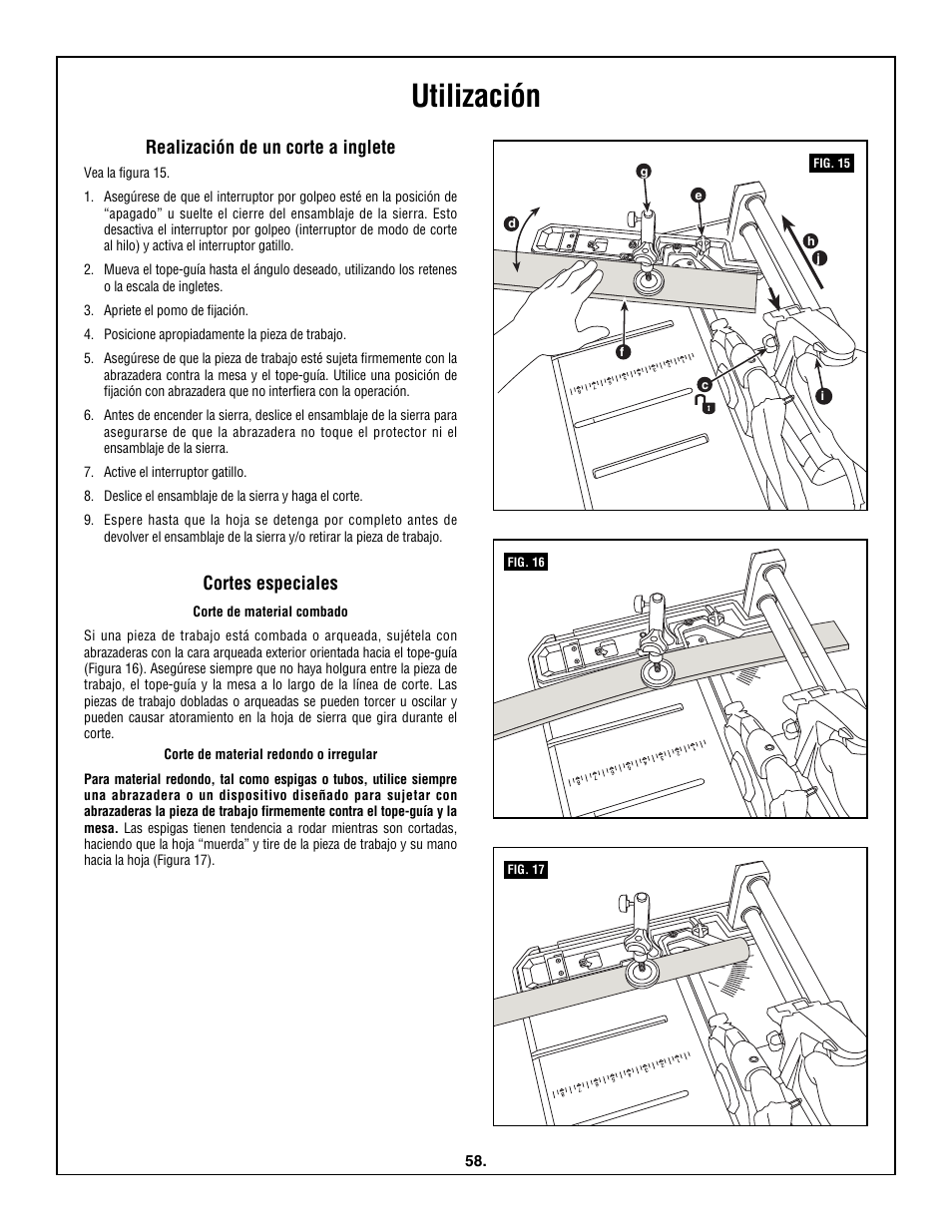 Utilización, Realización de un corte a inglete, Cortes especiales | Skil 3600 User Manual | Page 58 / 64