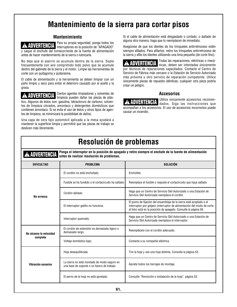 Advertencia, Mantenimiento, Accesorios | Skil 3600 User Manual | Page 61 / 64