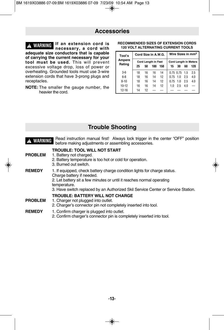 Accessories, Trouble shooting, Warning | Skil 2364 User Manual | Page 13 / 40