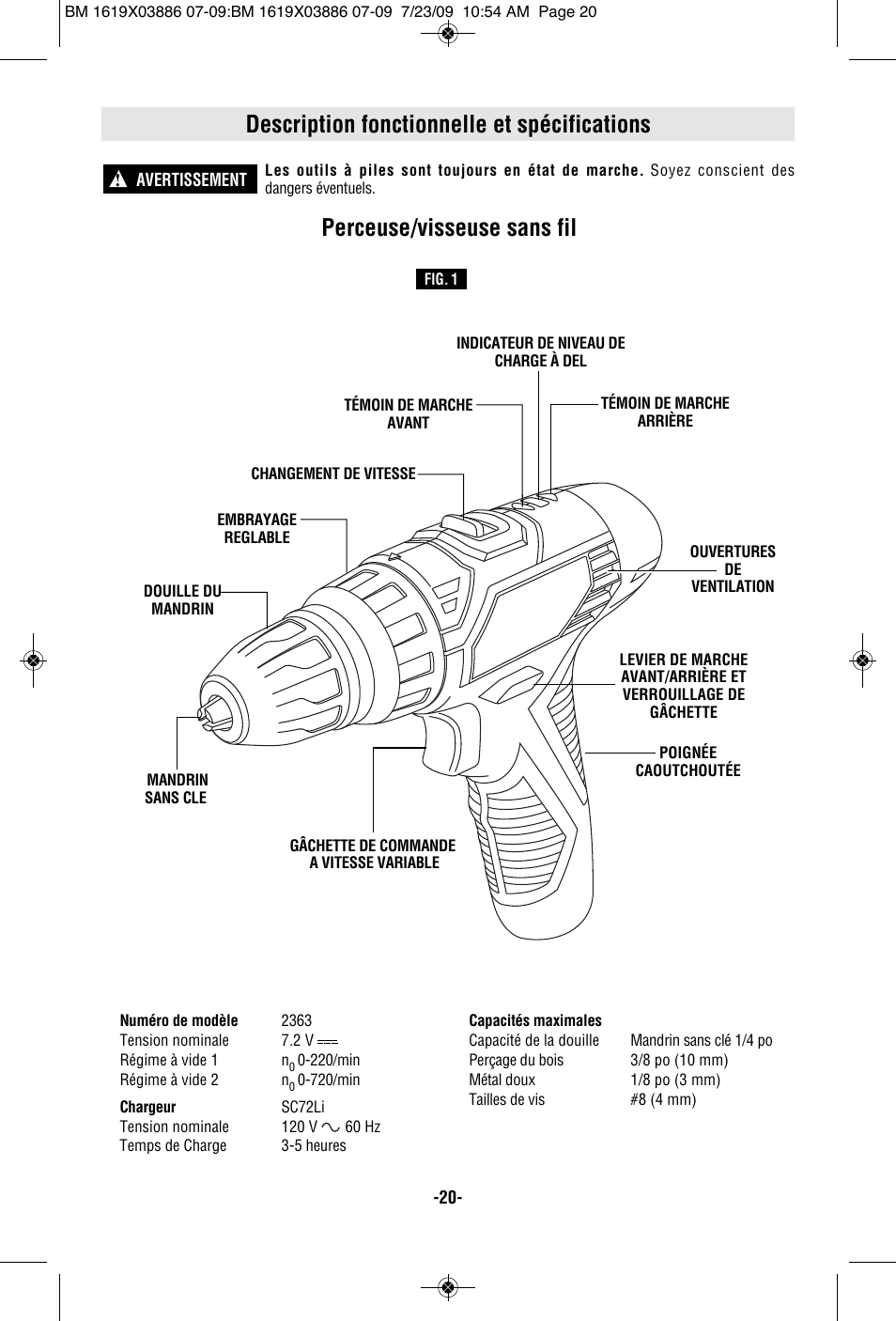 Description fonctionnelle et spécifications, Perceuse/visseuse sans fil | Skil 2364 User Manual | Page 20 / 40