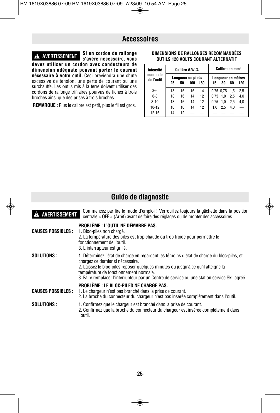 Accessoires, Guide de diagnostic, Avertissement | Skil 2364 User Manual | Page 25 / 40