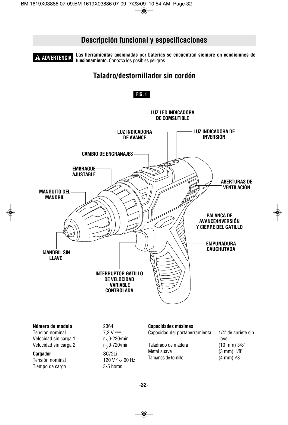 Descripción funcional y especificaciones, Taladro/destornillador sin cordón | Skil 2364 User Manual | Page 32 / 40