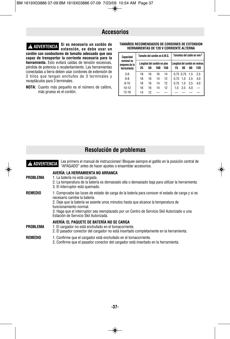 Accesorios, Resolución de problemas, Advertencia | Skil 2364 User Manual | Page 37 / 40