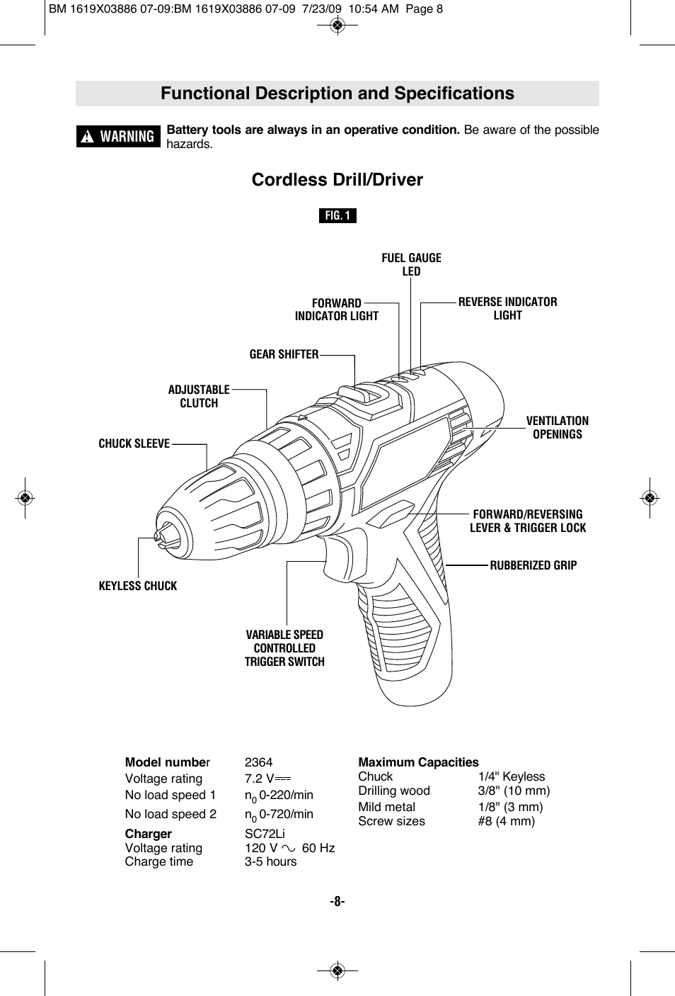 Functional description and specifications, Cordless drill/driver | Skil 2364 User Manual | Page 8 / 40