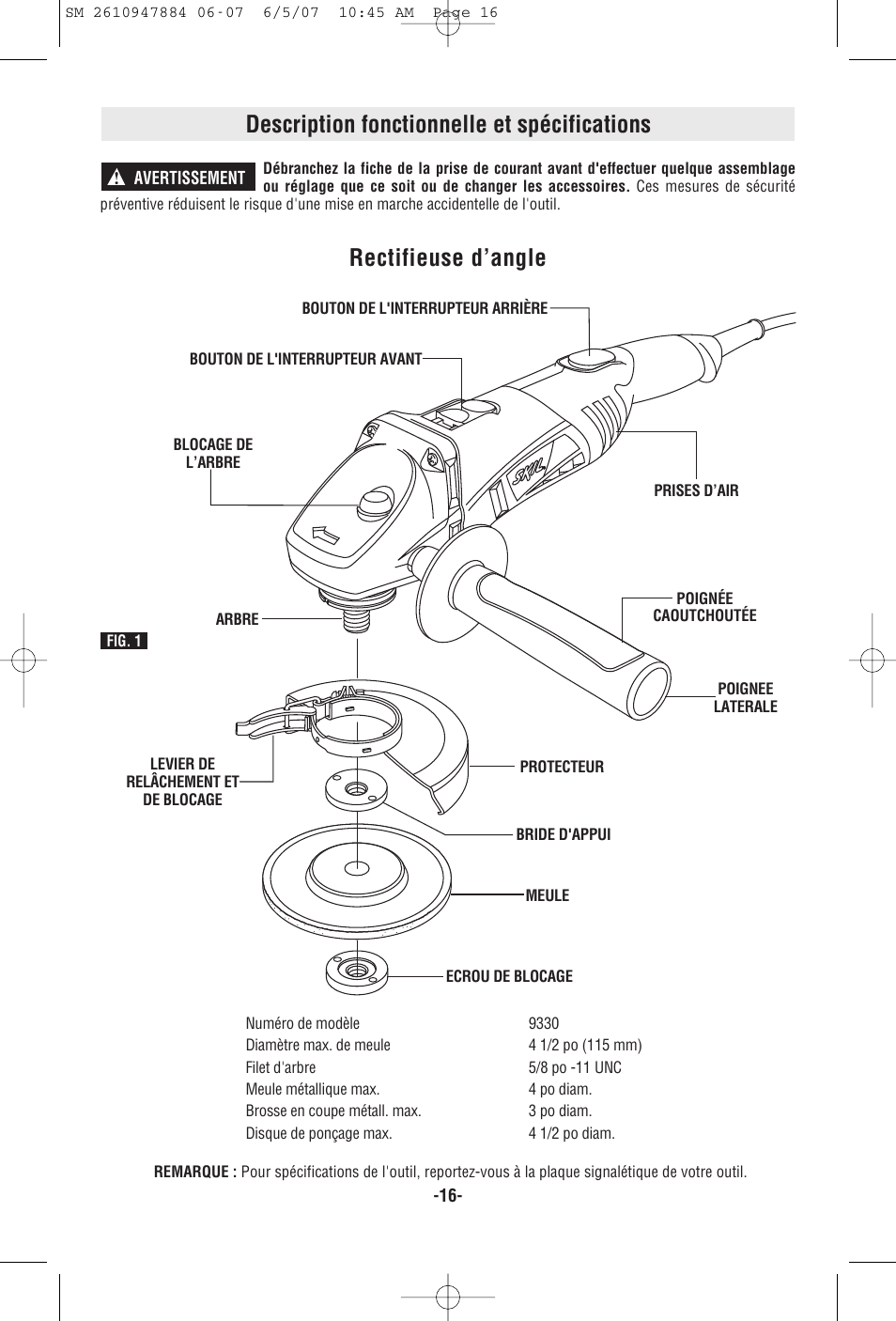 Description fonctionnelle et spécifications, Rectifieuse d’angle | Skil 9330 User Manual | Page 16 / 32