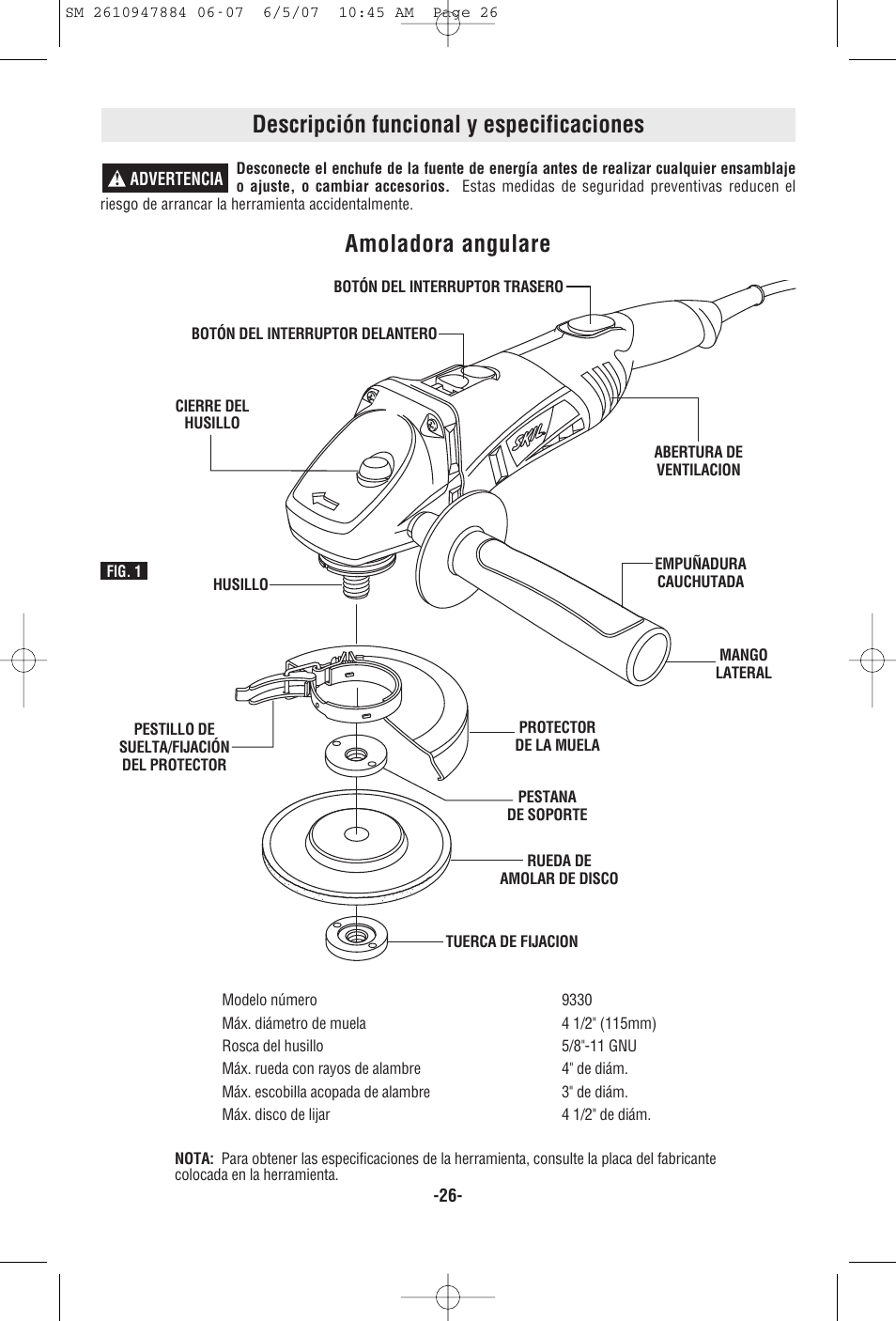 Descripción funcional y especificaciones, Amoladora angulare | Skil 9330 User Manual | Page 26 / 32