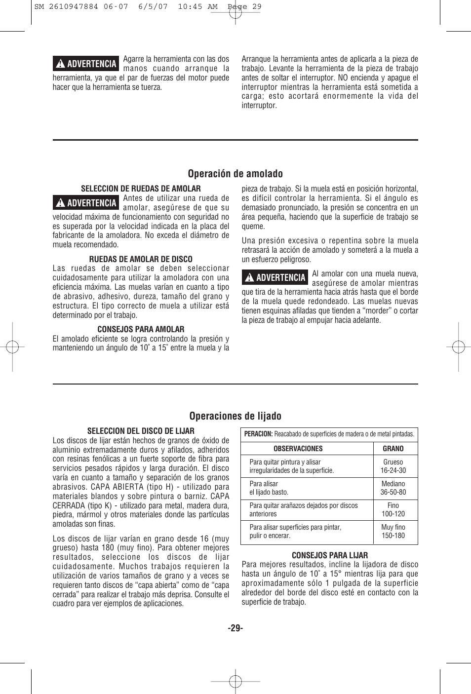 Operación de amolado, Operaciones de lijado | Skil 9330 User Manual | Page 29 / 32