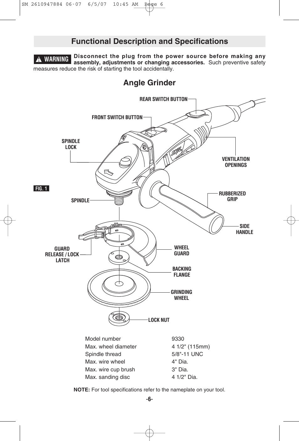 Functional description and specifications, Angle grinder | Skil 9330 User Manual | Page 6 / 32