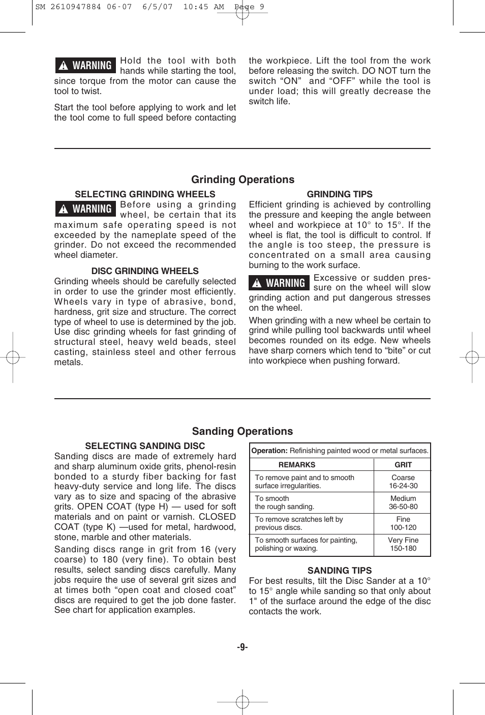 Warning grinding operations, Warning, Warning sanding operations | Skil 9330 User Manual | Page 9 / 32