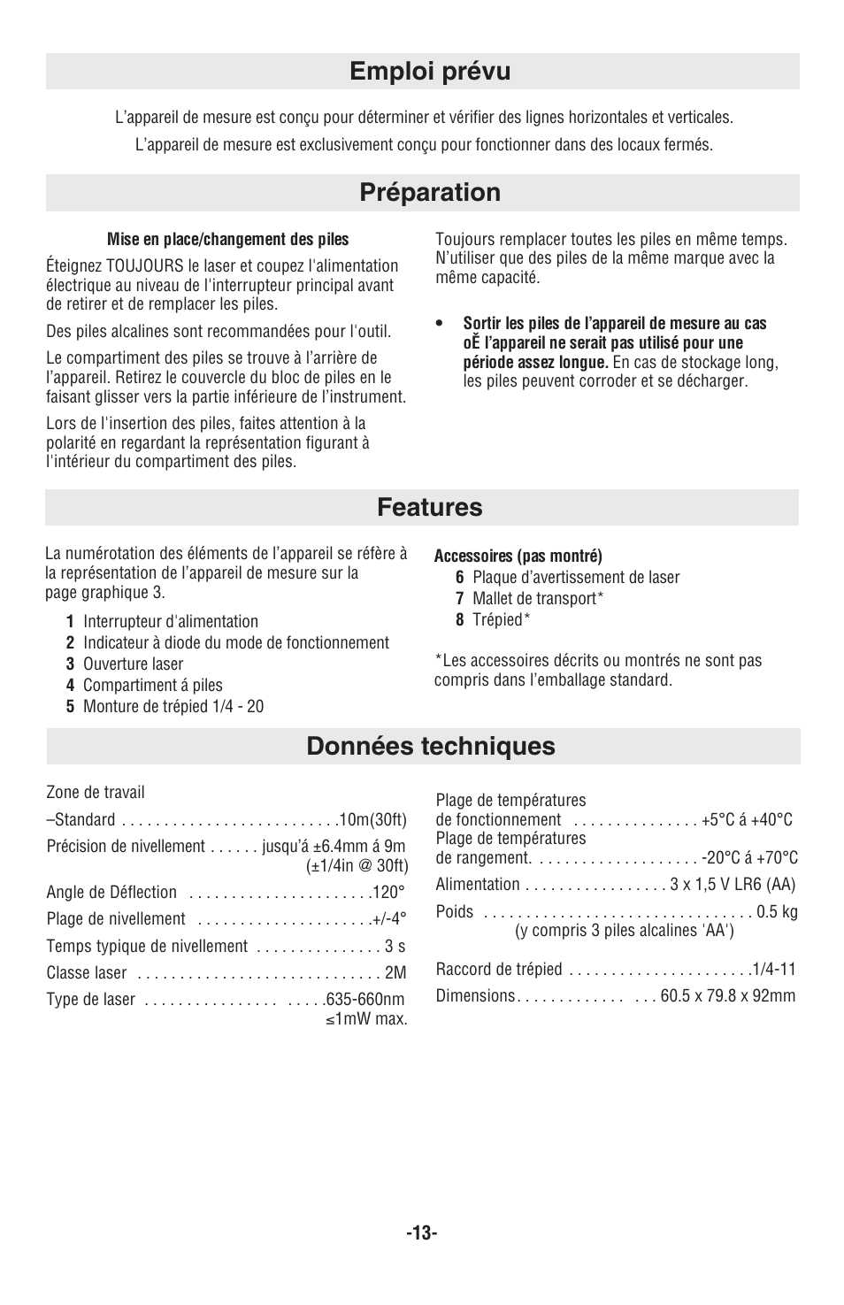 Données techniques, Préparation emploi prévu, Features | Skil 8201-CL User Manual | Page 13 / 24