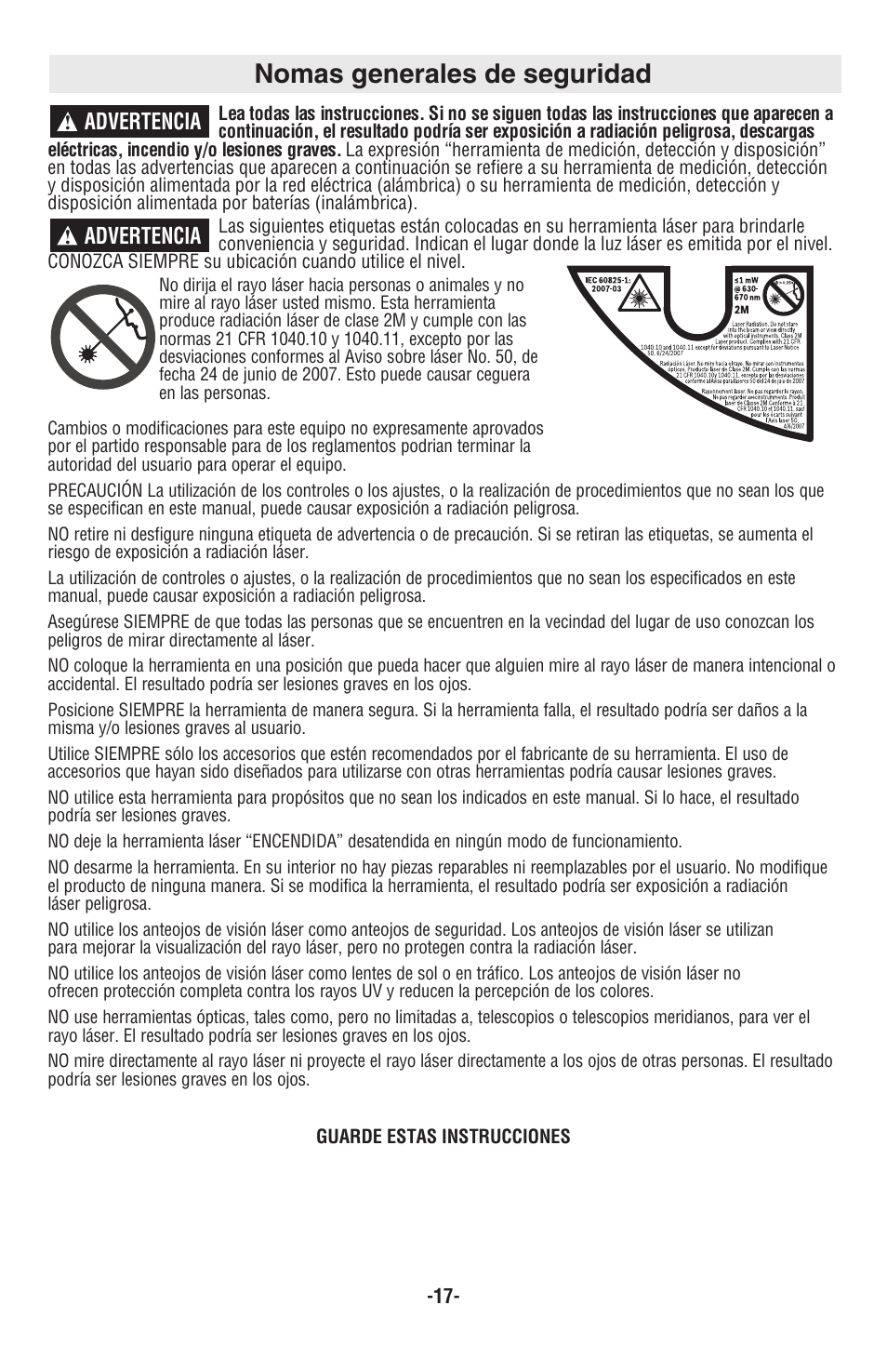 Nomas generales de seguridad, Advertencia | Skil 8201-CL User Manual | Page 17 / 24