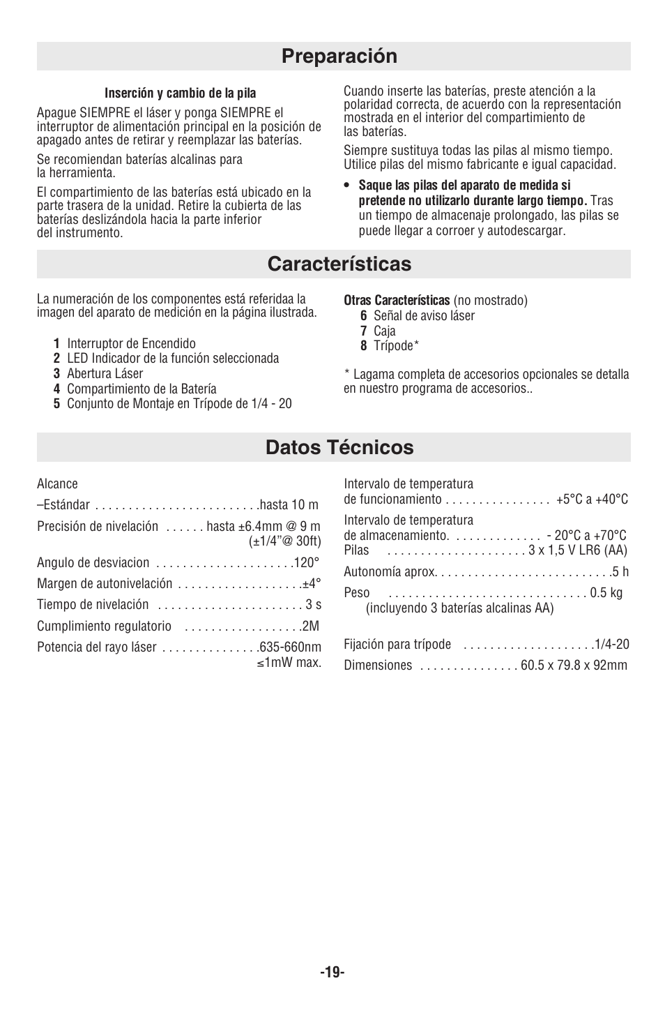 Preparación, Características, Datos técnicos | Skil 8201-CL User Manual | Page 19 / 24