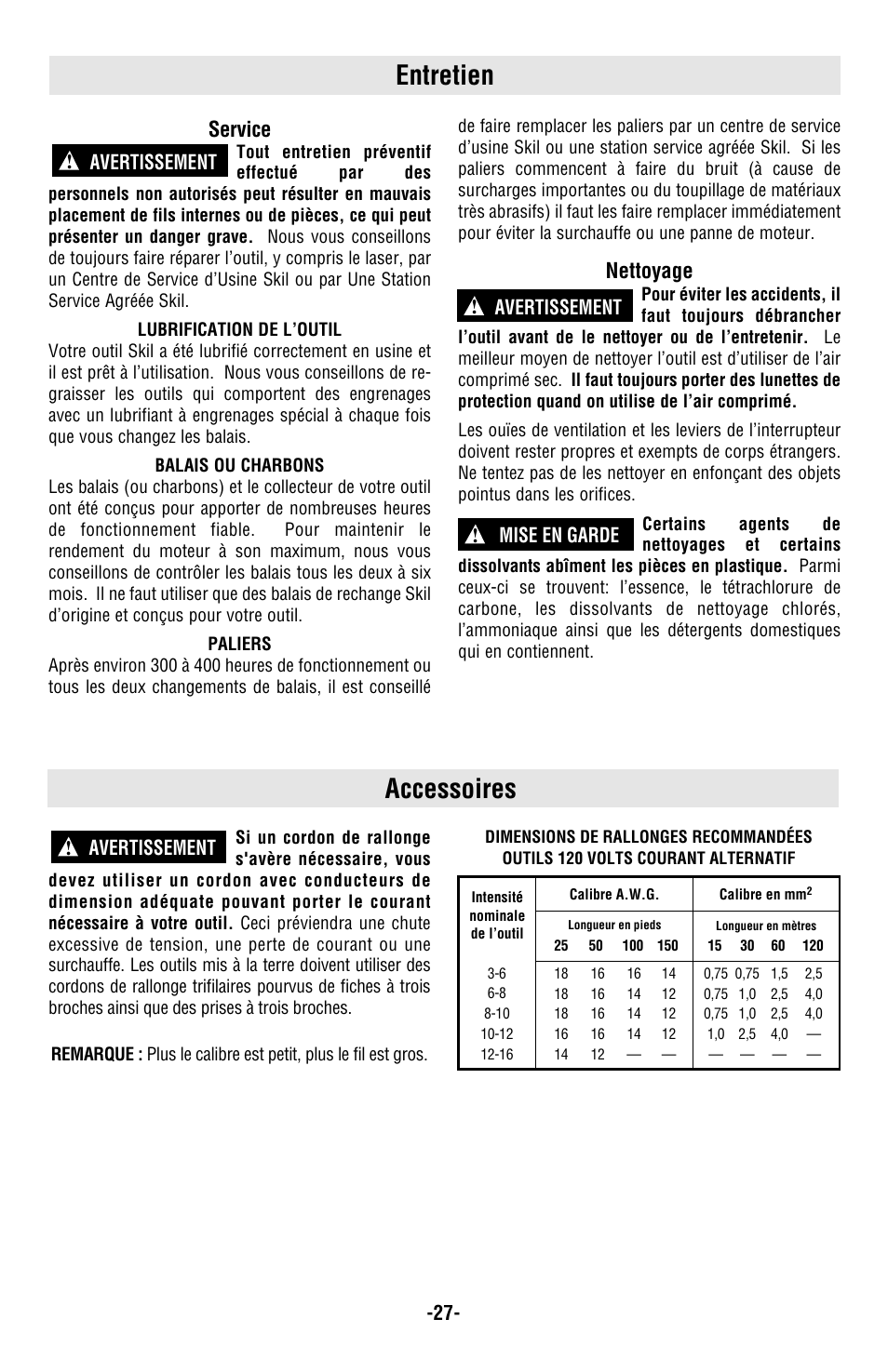 Entretien, Accessoires, Service | Nettoyage, Avertissement ! avertissement, Avertissement ! mise en garde | Skil 4680 User Manual | Page 27 / 44